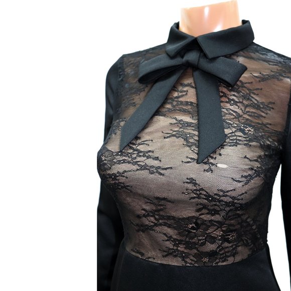 MIKAEL AGHAL Baby Doll LACE Bodice BLACK DRESS little Black Dress BOW Tie Size 2 - Picture 2 of 5